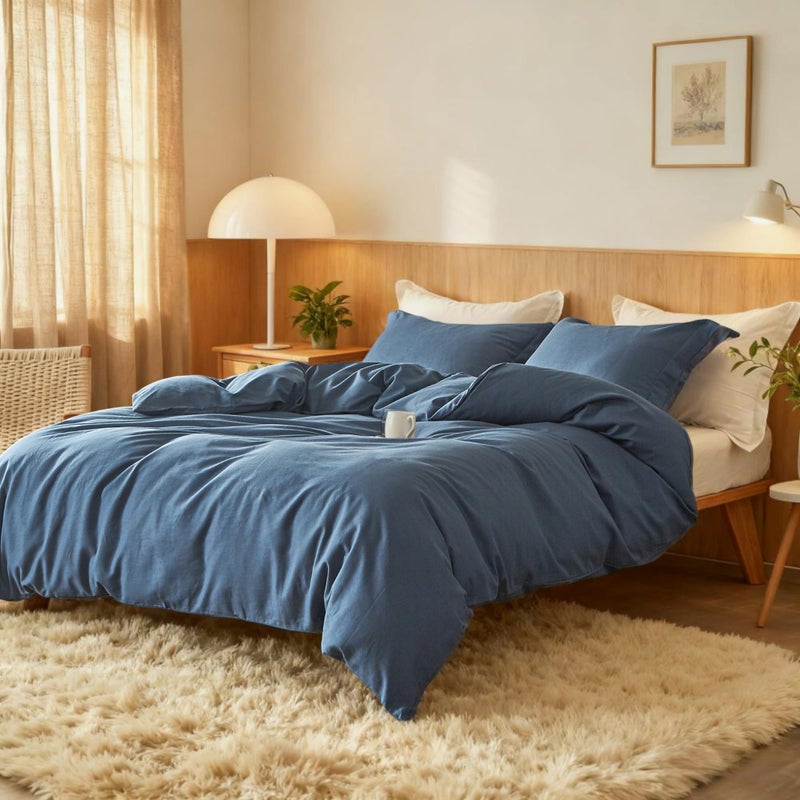 Simple&Opulence French Linen Duvet Cover Set 78" x 86"- 3 Pieces (1 Comforter Cover,2 Pillowcases)- Natural Flax Cotton Blend-Solid Color Breathable Farmhouse Bedding-Navy Blue, Full - Image 2